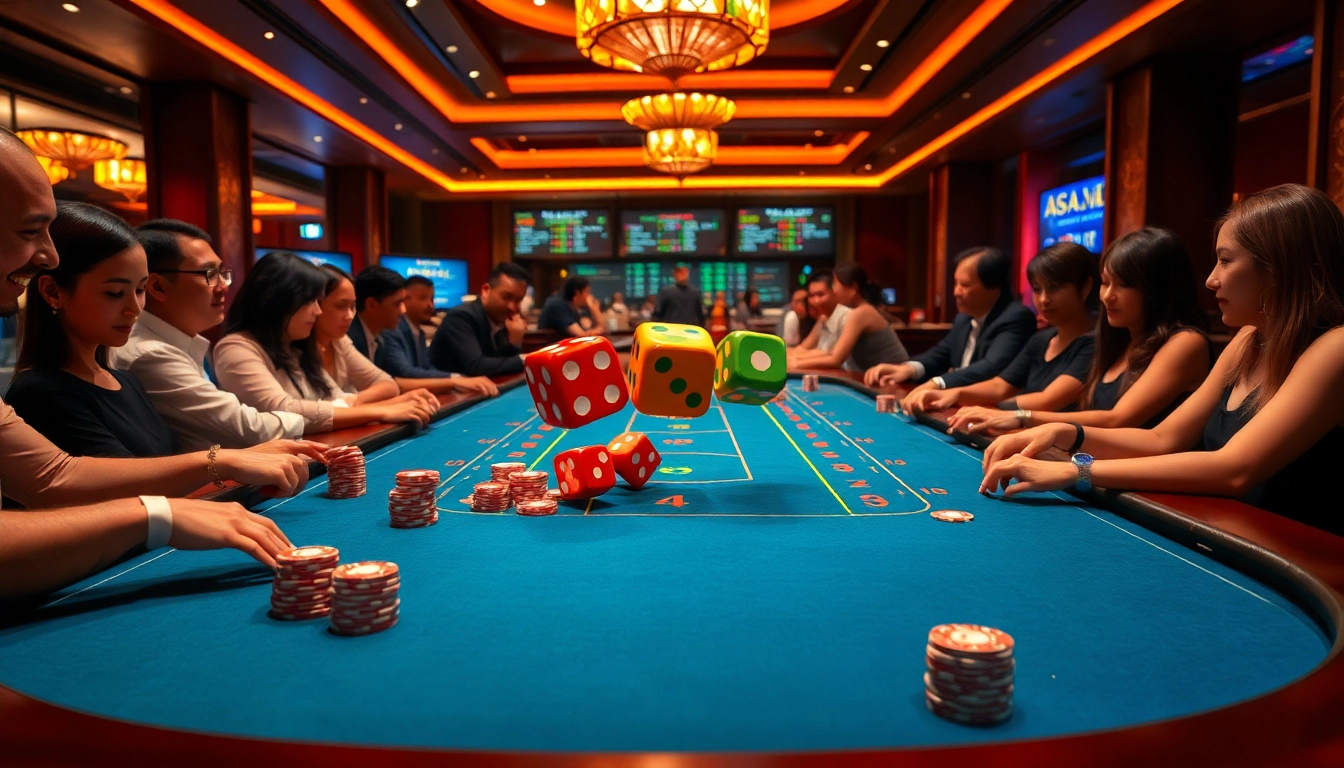 Tài xỉu md5 game action with vibrant dice and excited players in a luxurious casino setting.