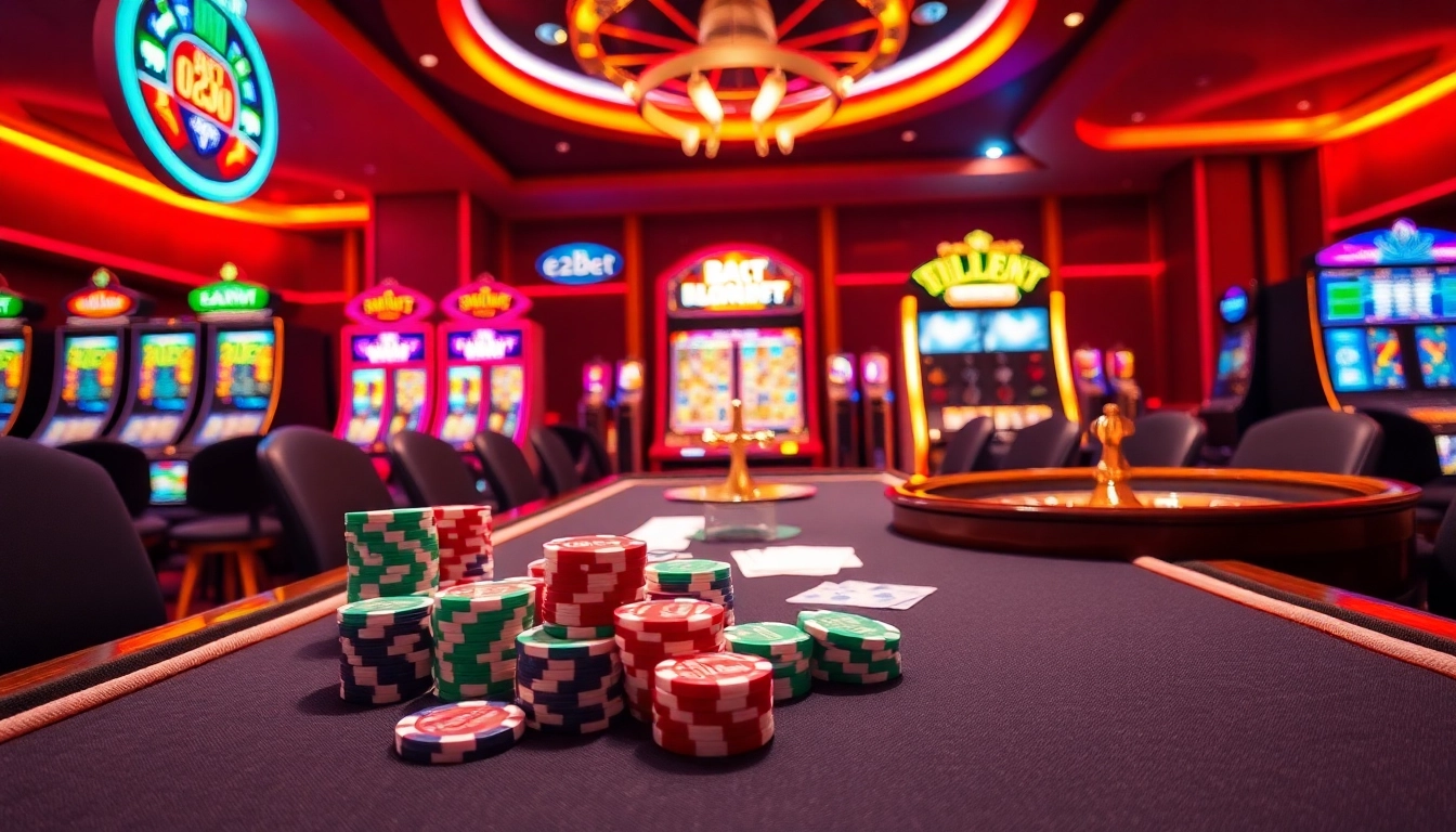 Experience the excitement of e2bet.com with a luxurious casino scene featuring vibrant poker chips and roulette wheels.