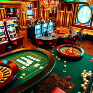 Exciting casino gaming experience at 23win with vibrant poker chips, roulette, and slot machines.