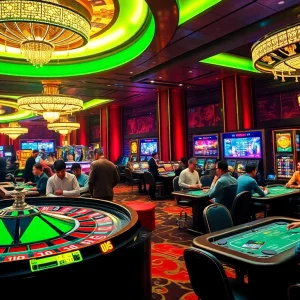 Exciting casino scene featuring tr88, roulette wheel, poker table with engaged players, and vibrant gameplay atmosphere.