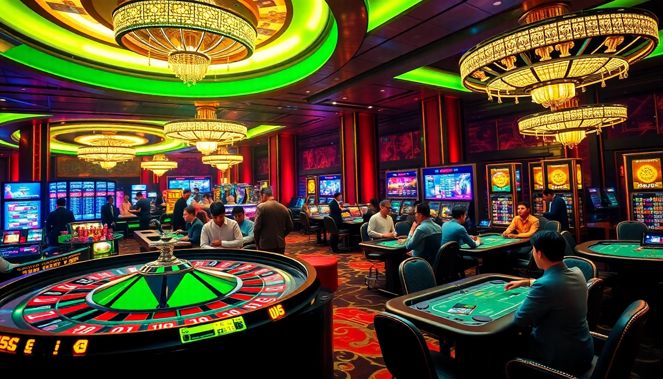 Exciting casino scene featuring tr88, roulette wheel, poker table with engaged players, and vibrant gameplay atmosphere.