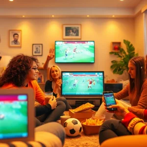 Fans enjoying a live football match streaming on https://vaoluoitv.it.com in a vibrant living room setting.