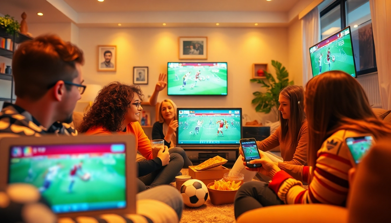 Fans enjoying a live football match streaming on https://vaoluoitv.it.com in a vibrant living room setting.