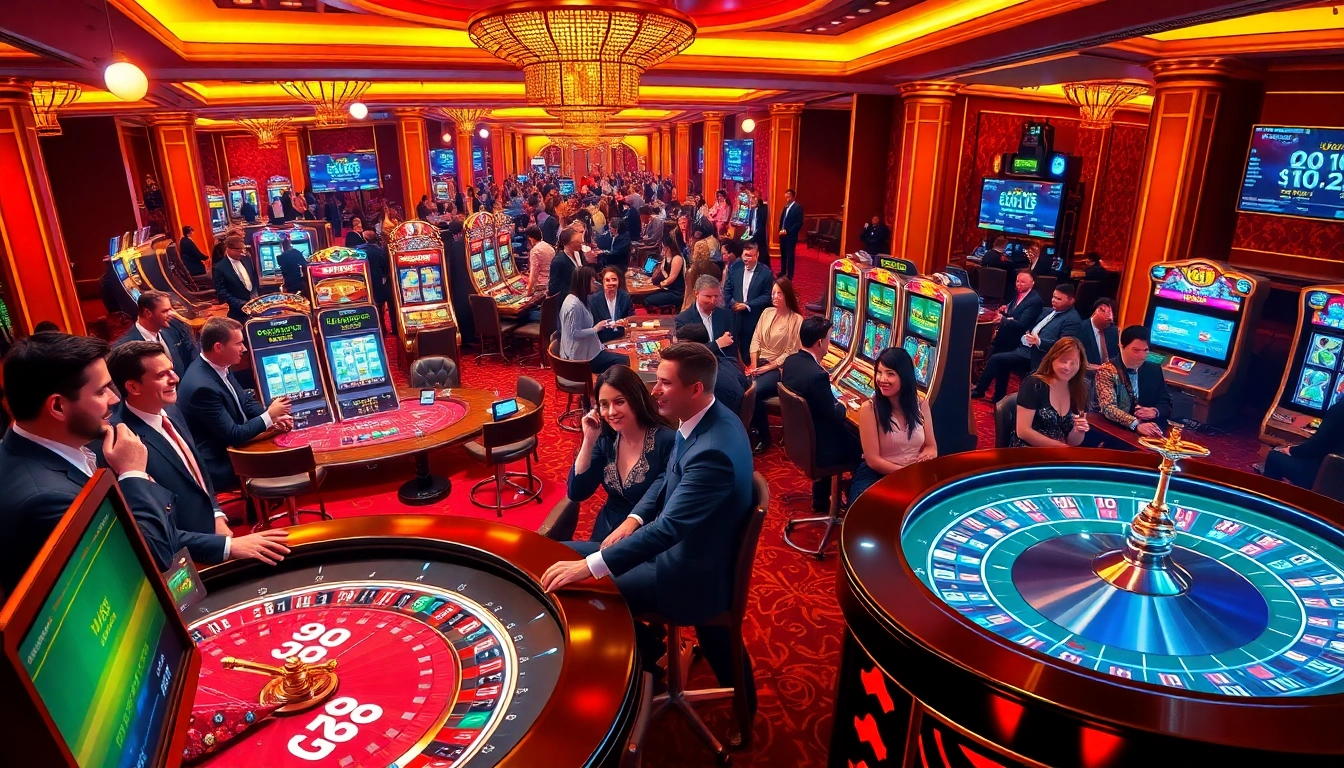 Experience the excitement of 33win in a luxurious casino atmosphere with vibrant gaming tables and slot machines.