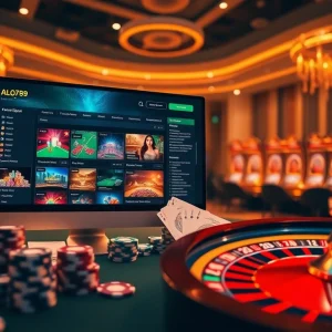 Alo789 features a stunning online gambling experience with vibrant slots, poker chips, and engaging casino graphics.