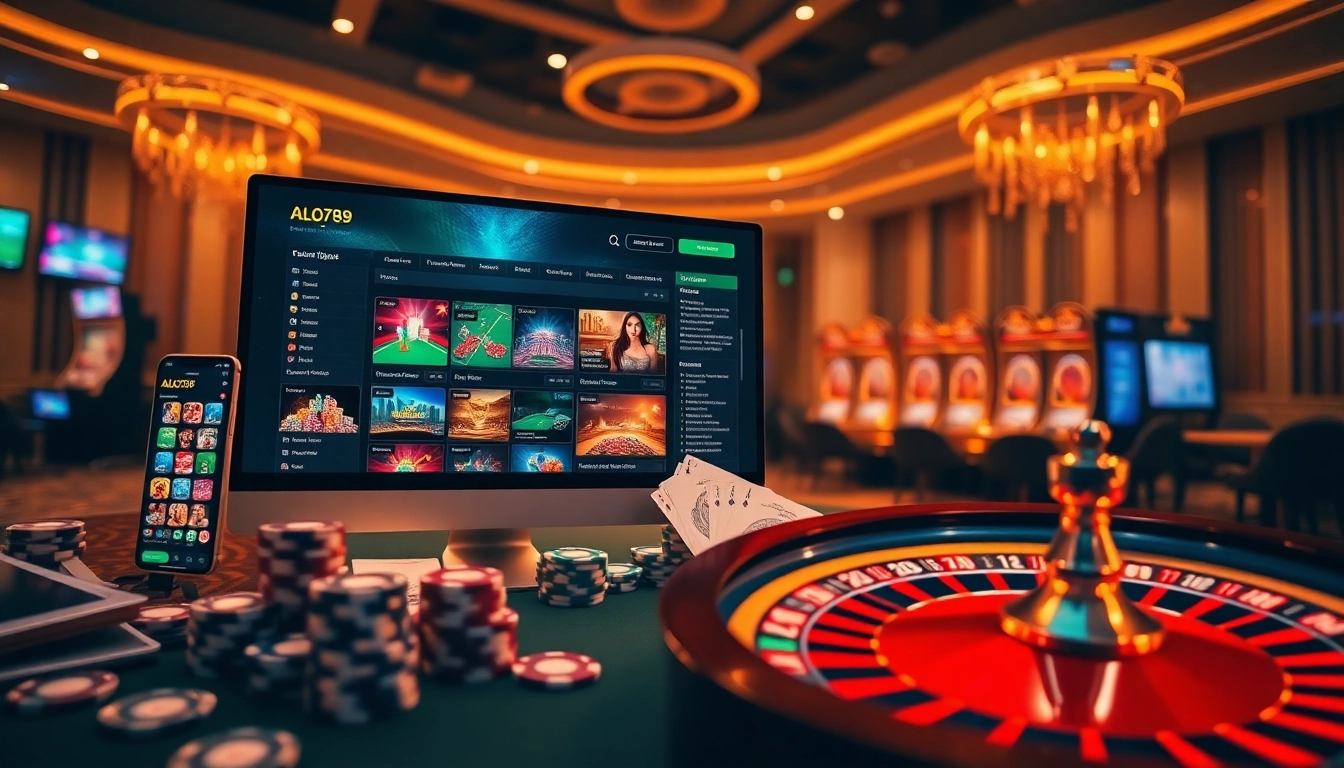 Alo789 features a stunning online gambling experience with vibrant slots, poker chips, and engaging casino graphics.