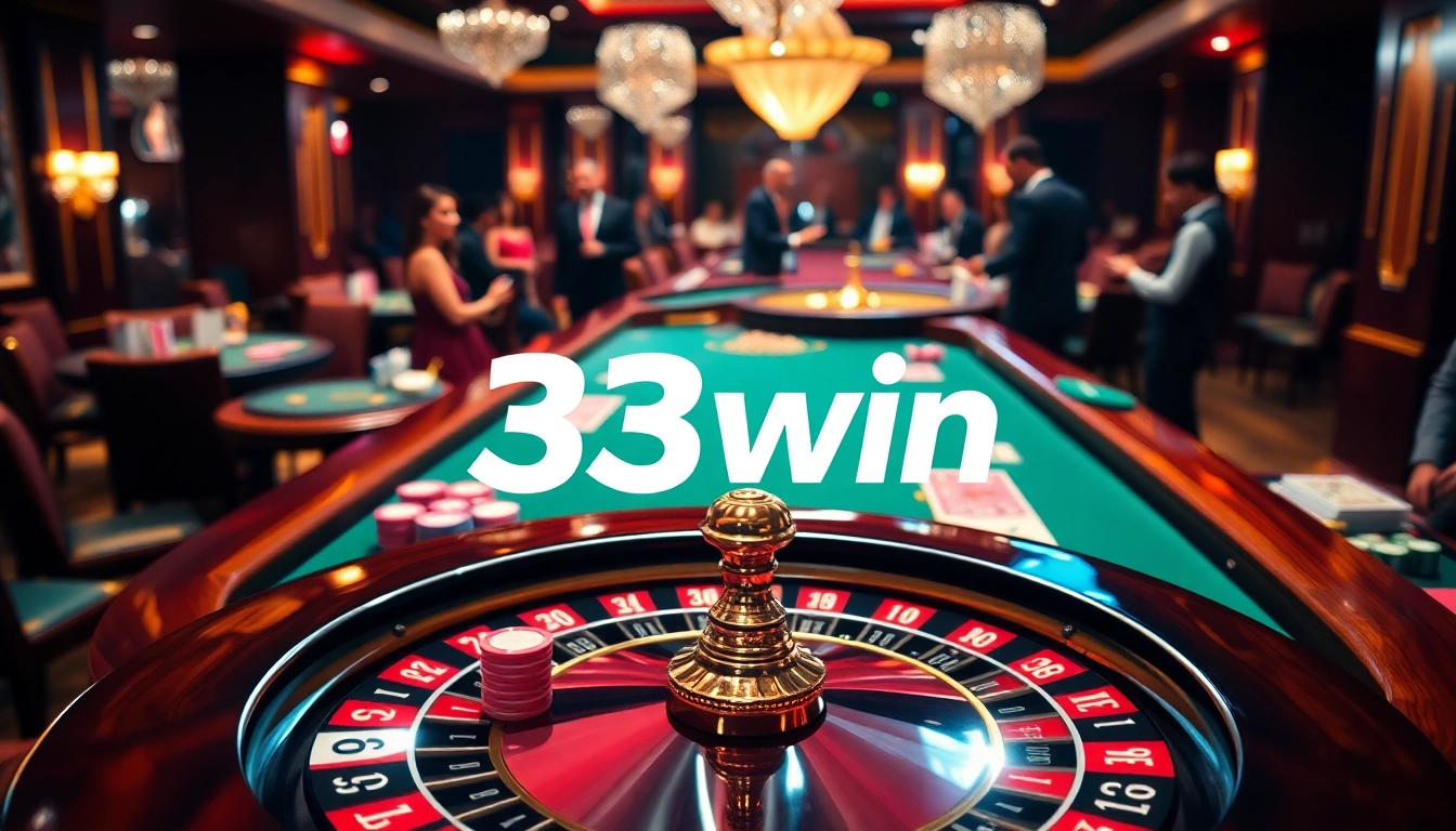 Experience the thrill of gaming at 33win casino tables, filled with vibrant poker chips and cards.