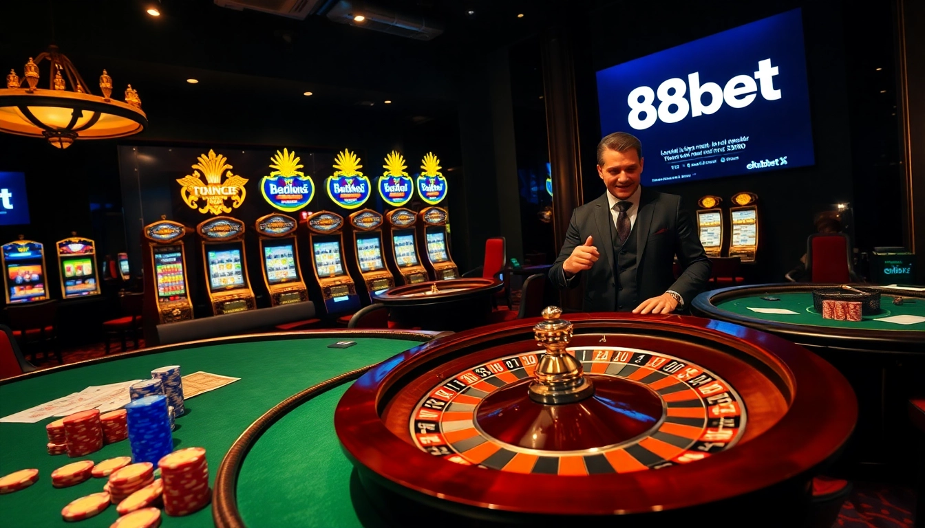 Experience the thrill of 8kbet with a luxurious casino ambiance filled with roulette and poker action.