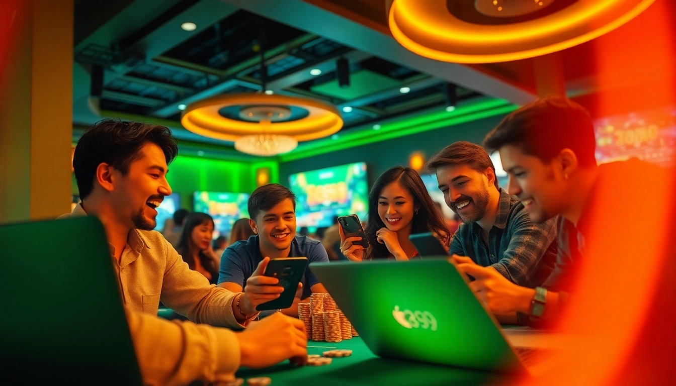 Exciting gaming scene at 789P online casino with players using laptops and smartphones.