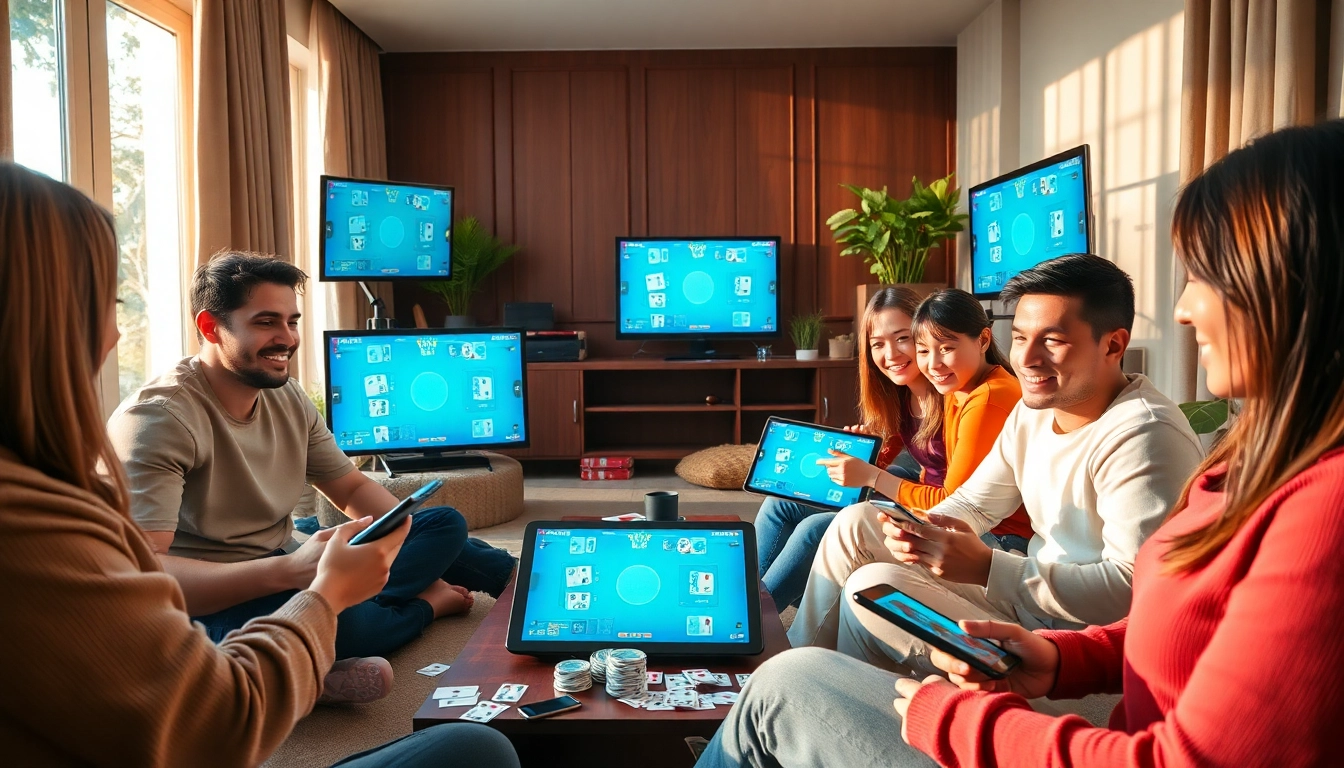 Engaged players enjoying online card games at topgamebaidoithuong.mx in a vibrant living room.