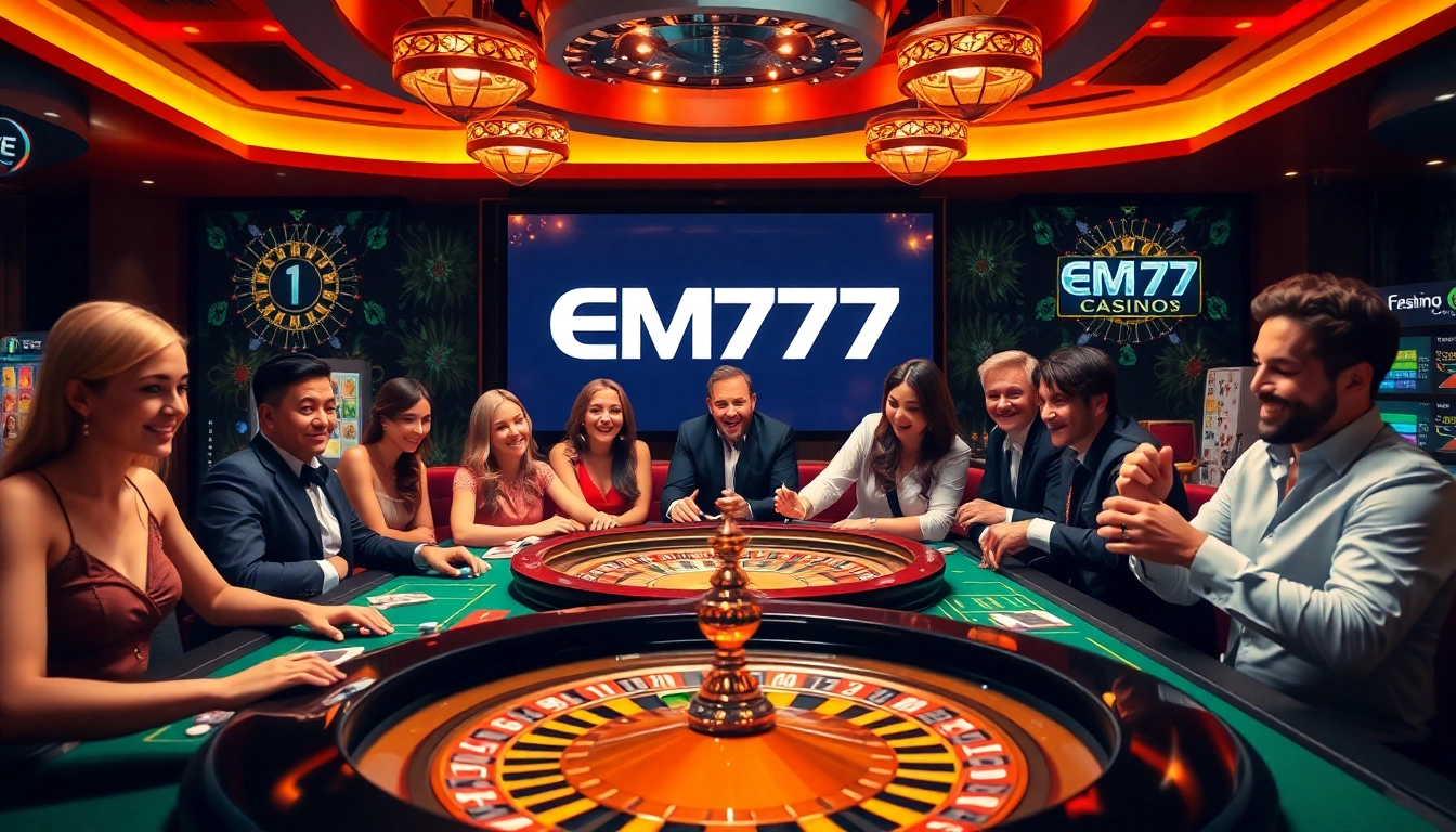 Experience thrilling gaming at https://em777.live/ with vibrant casino tables and excited players.
