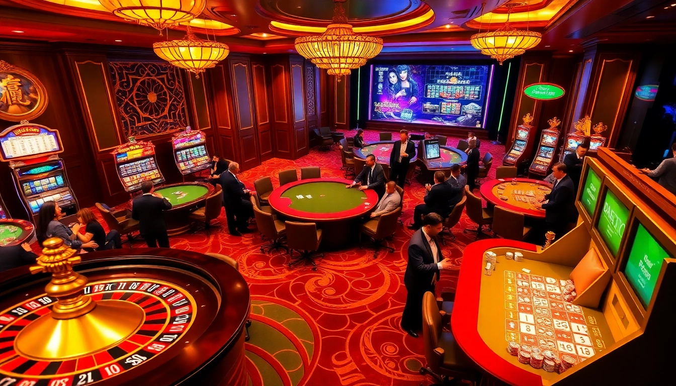 Engaging scene of a luxurious casino at 8day.cn.com with poker chips, roulette wheels, and gamblers.