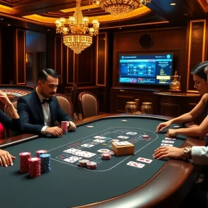 Players enjoying a poker game at a luxurious casino table, highlighting 789win's thrilling gambling experience.