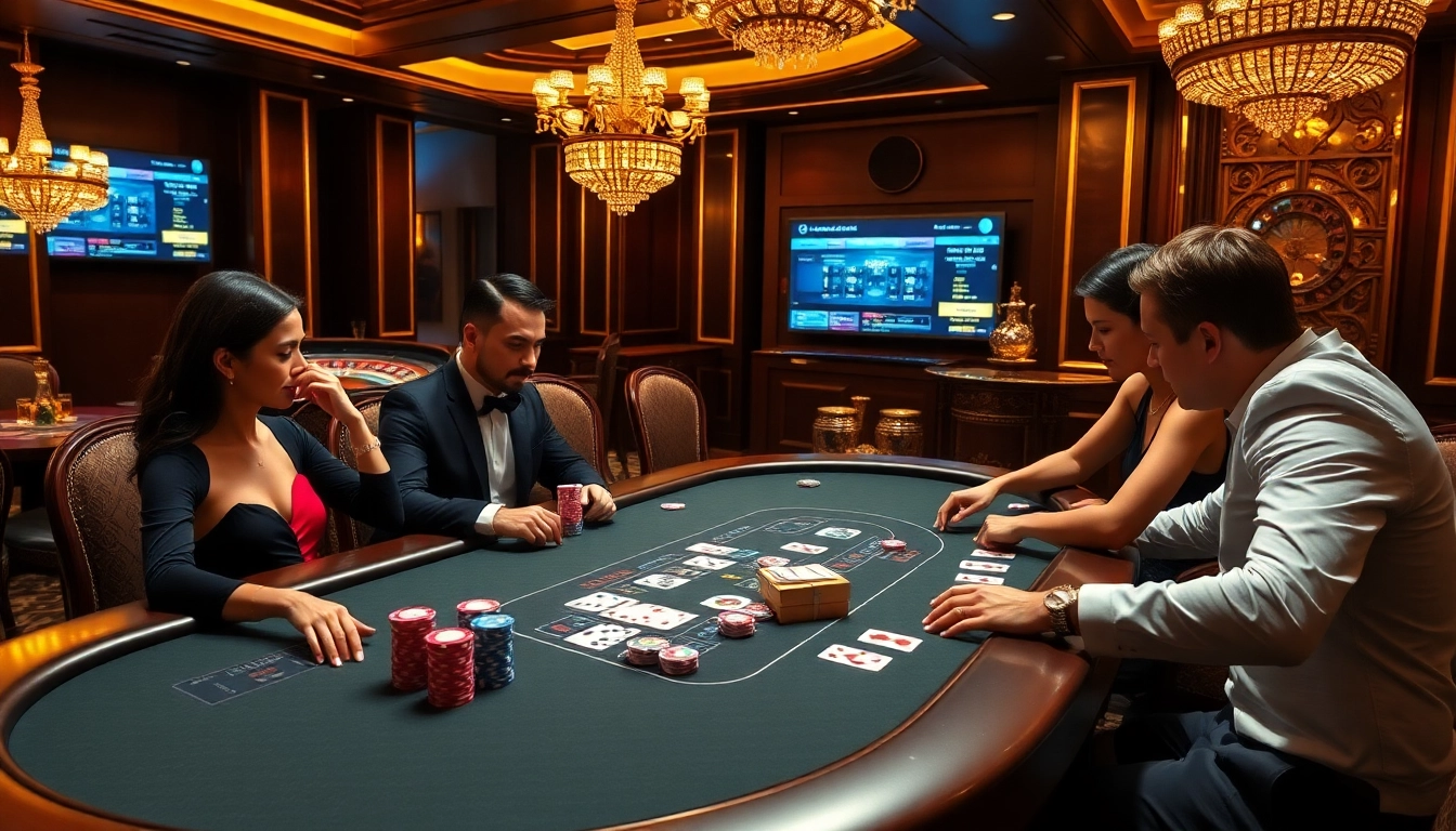 Players enjoying a poker game at a luxurious casino table, highlighting 789win's thrilling gambling experience.