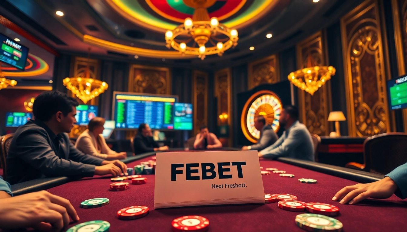 FEBET enhances the excitement at a luxurious casino table with vibrant cards and chips.