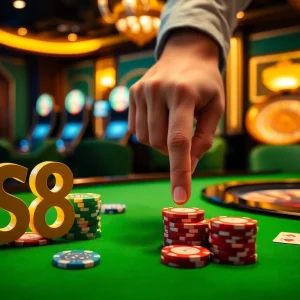 S8 logo displayed on a luxurious gaming table amid casino excitement and betting action.