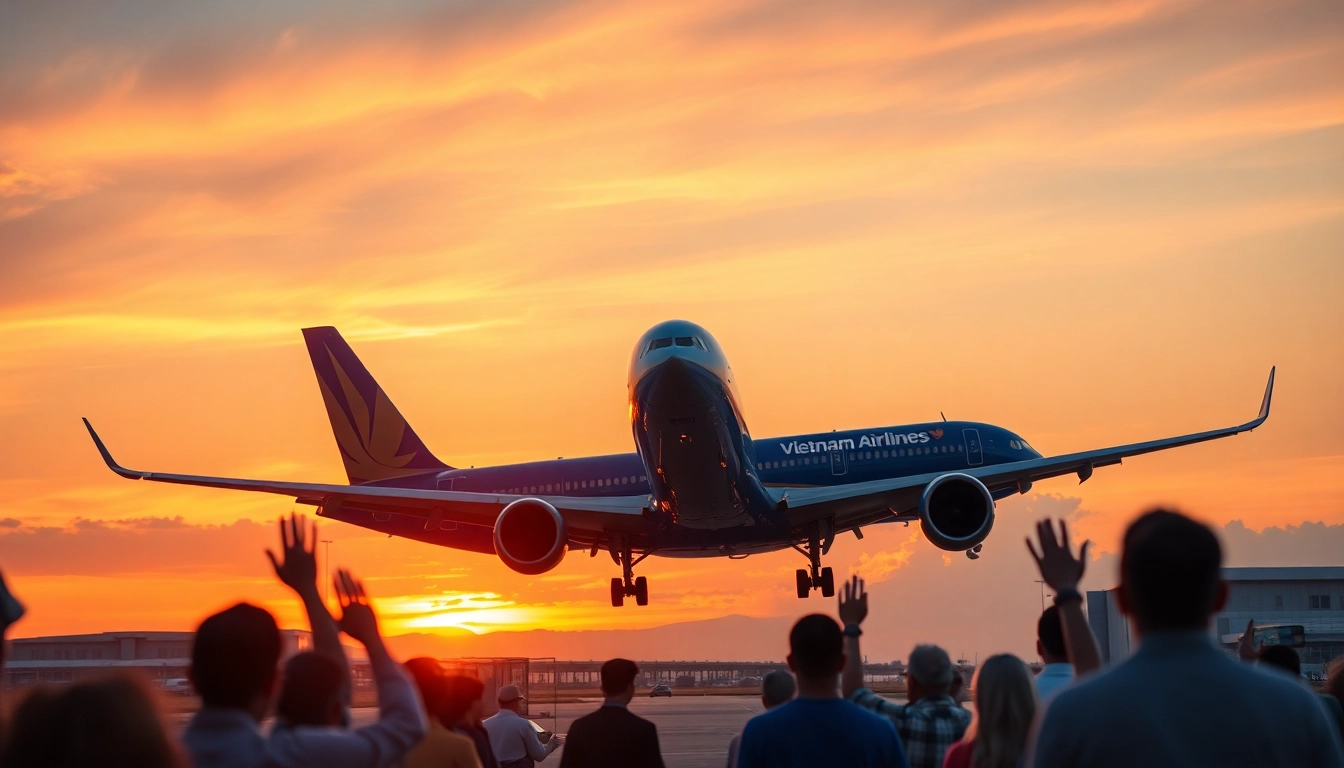 VN168 flight taking off from Da Nang International Airport at sunset with passengers waving goodbye.
