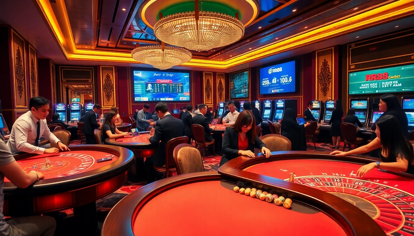 Excited players at RR88 casino tables, enjoying strategic gameplay and promotions.