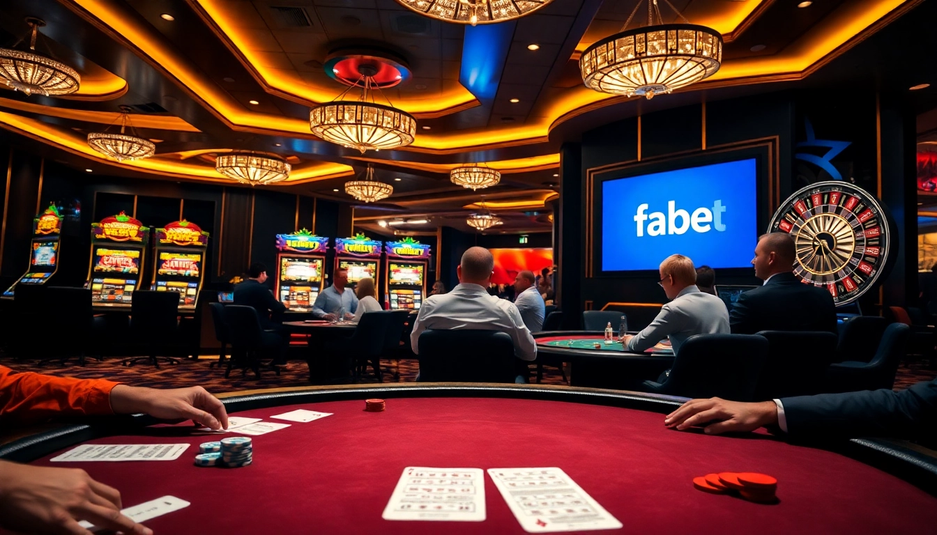 Play casino games at fabet, enjoying poker chips and a vibrant atmosphere.