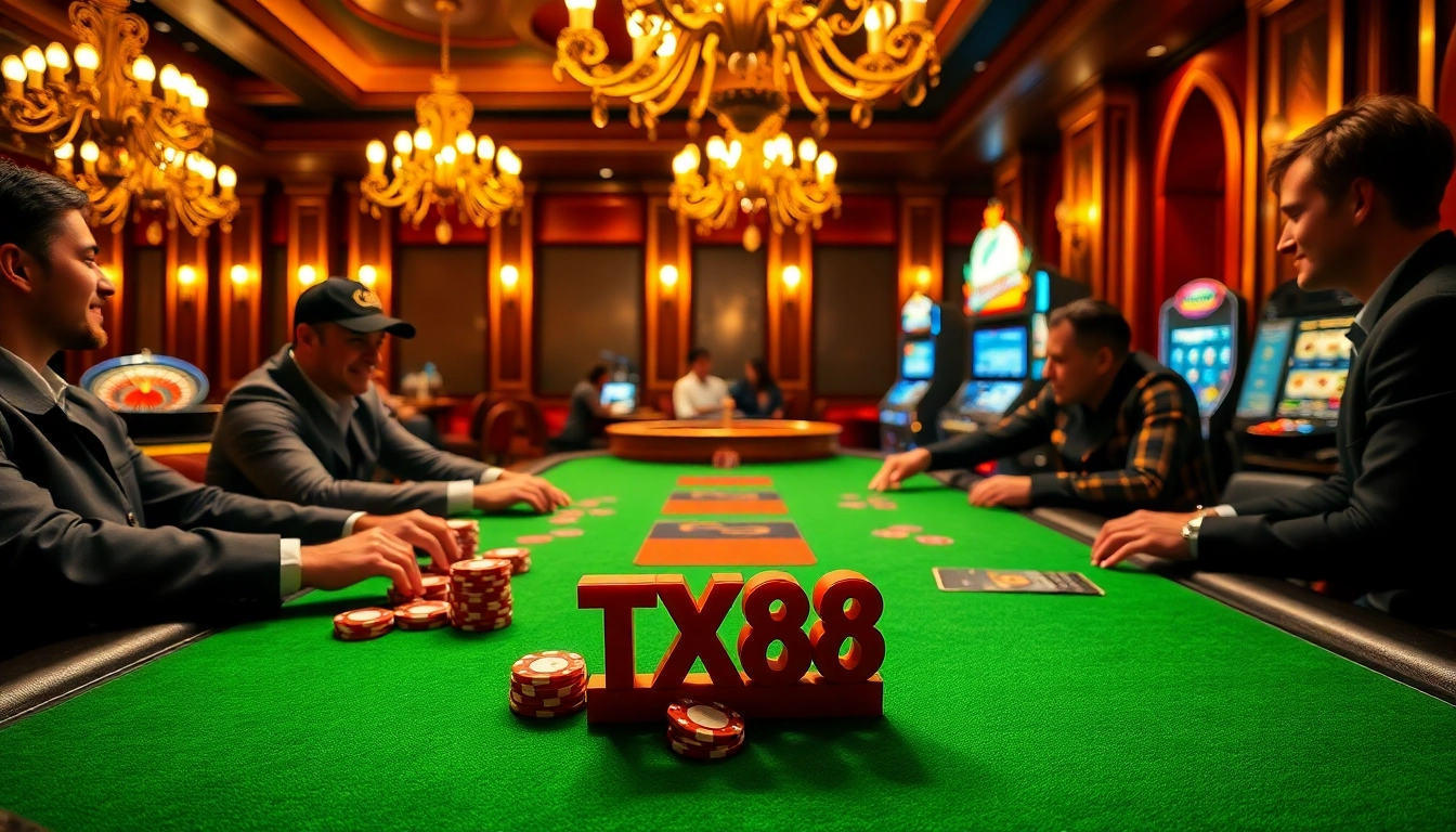 Players enjoying a high-stakes game at a TX88 poker table amidst a lavish casino atmosphere.