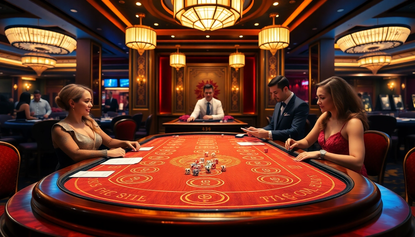 A vibrant Tài Xỉu MD5 table in an upscale casino, showcasing players engaged in thrilling gameplay.