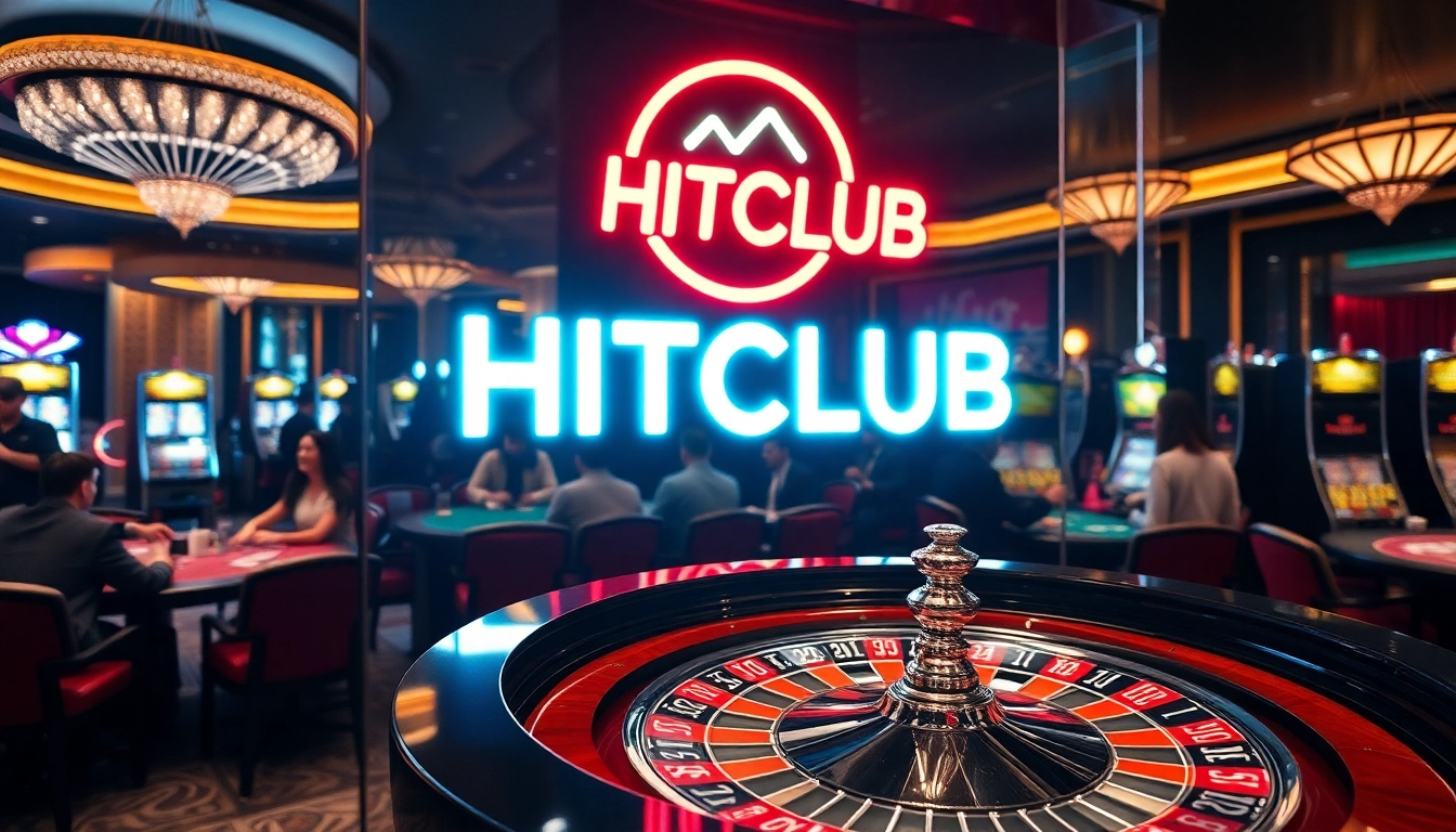A lively casino scene with HITCLUB branding, showcasing players at the roulette table and colorful slot machines.