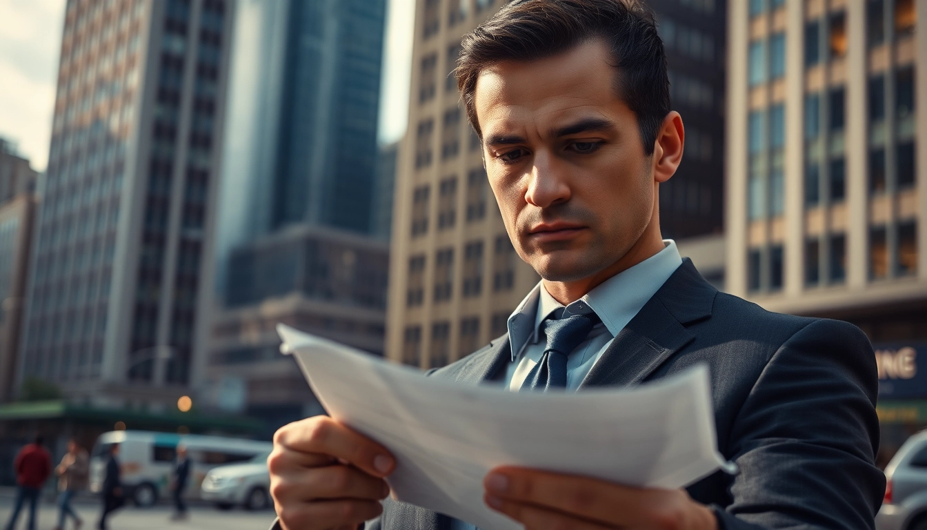 Private investigations showcased through a professional investigator analyzing evidence in a city setting.