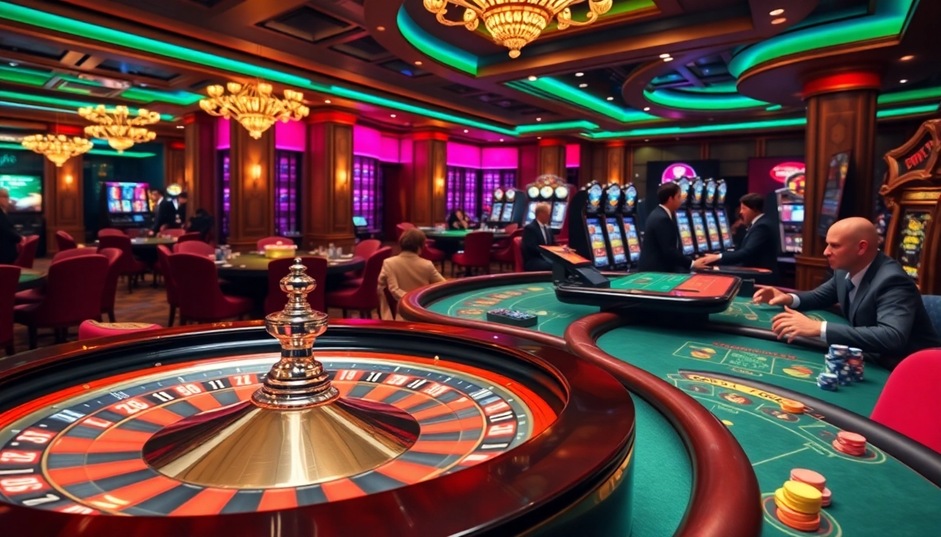 Engaged players at a luxurious casino floor featuring roulette and blackjack, showcasing bags168.com.