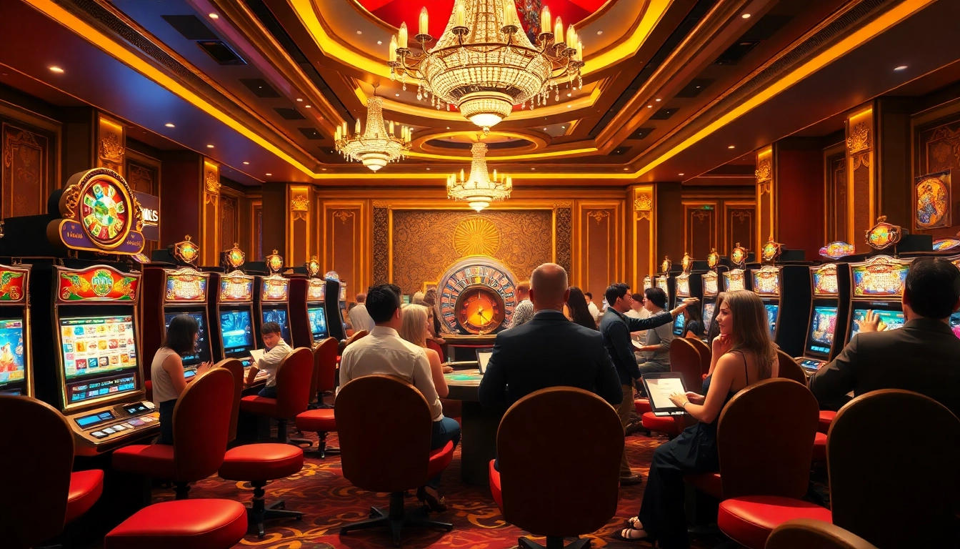 Players enjoying slot machines and casino tables at https://www.slots899.com/, highlighting excitement and luxury in gambling.