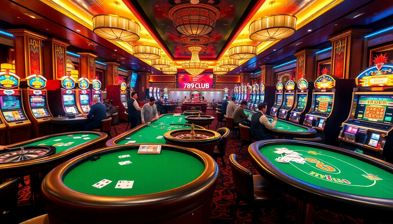 Experience the excitement of gambling at 789CLUB with vibrant casino tables and players engaged in action.
