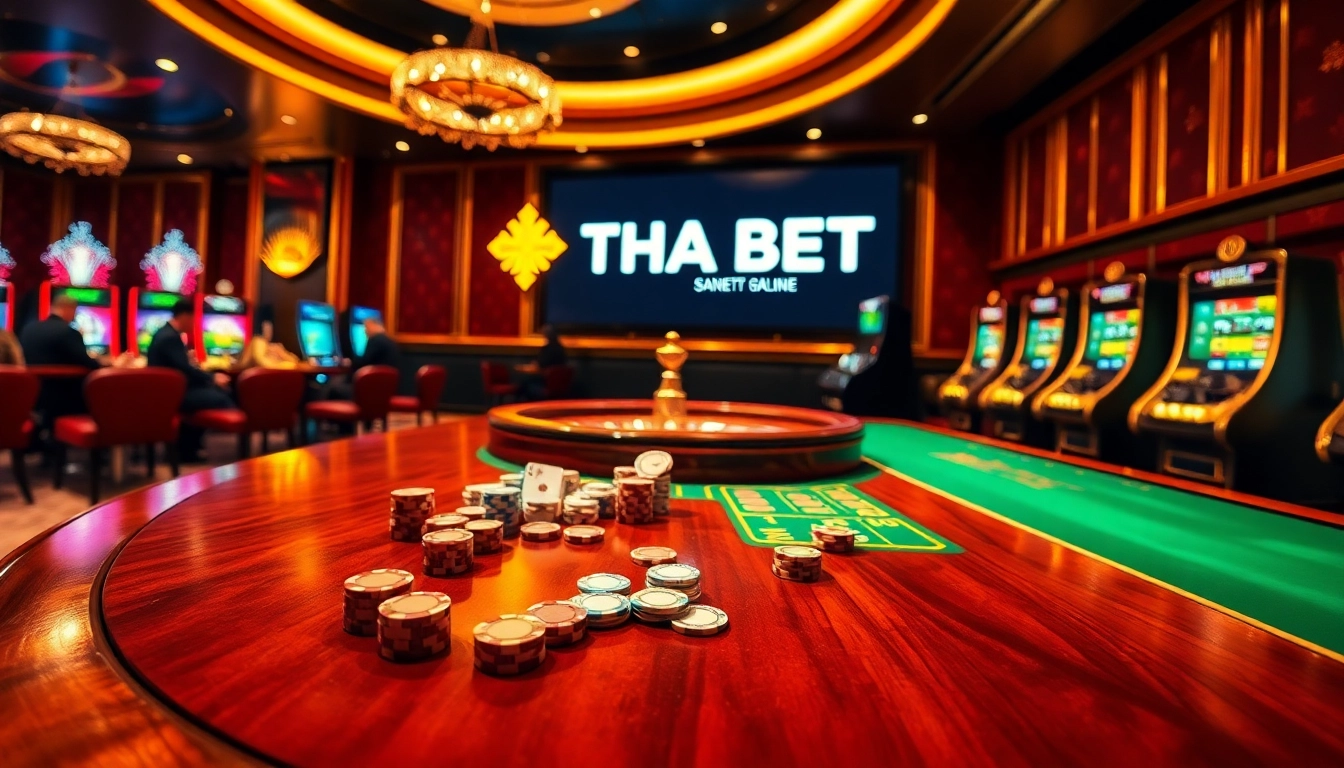 Gamblers engaged in thrilling poker action at THA BET casino, showcasing vibrant chips and cards.