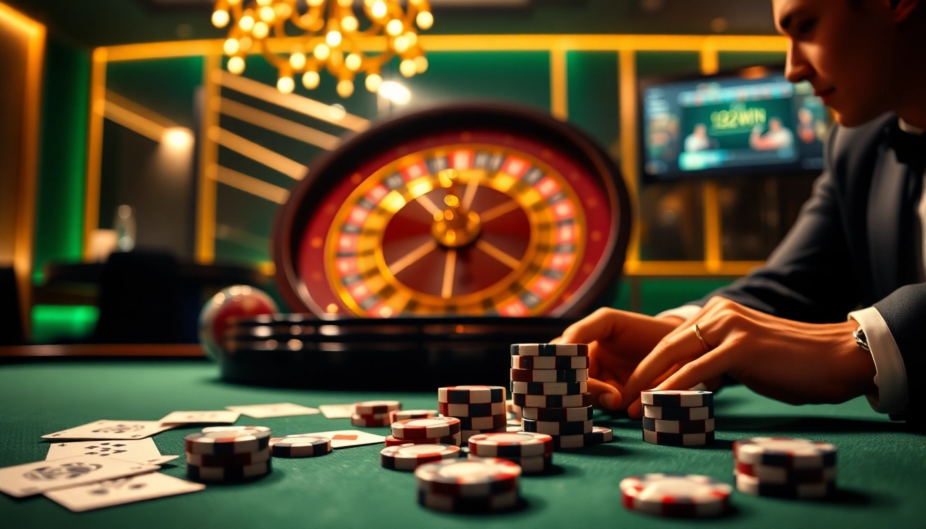 Experience the excitement at https://123win.click/ with vibrant poker chips and cards on a casino table.