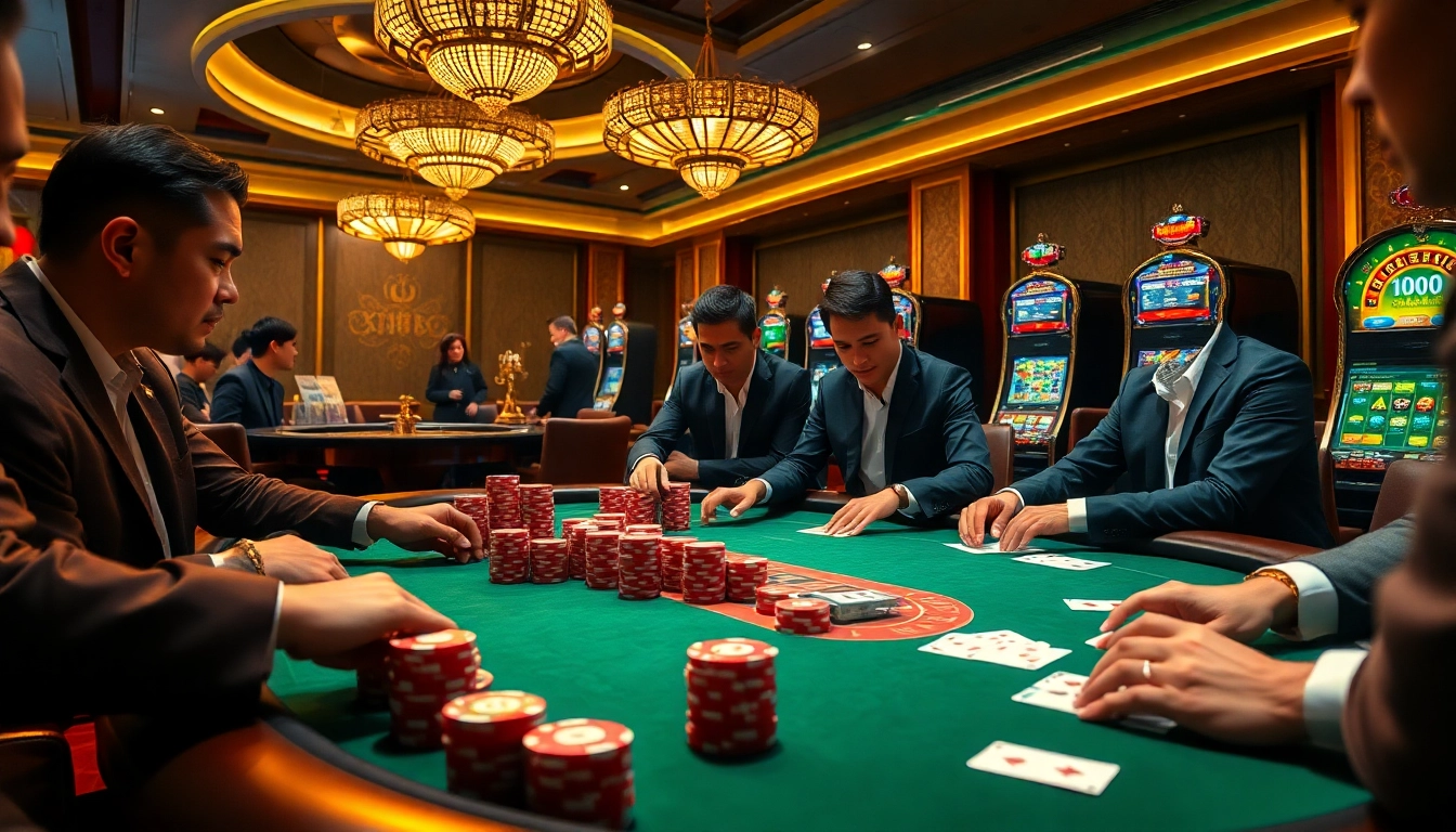 Players competing at a poker table, showcasing the excitement of xin88 online gambling experience.