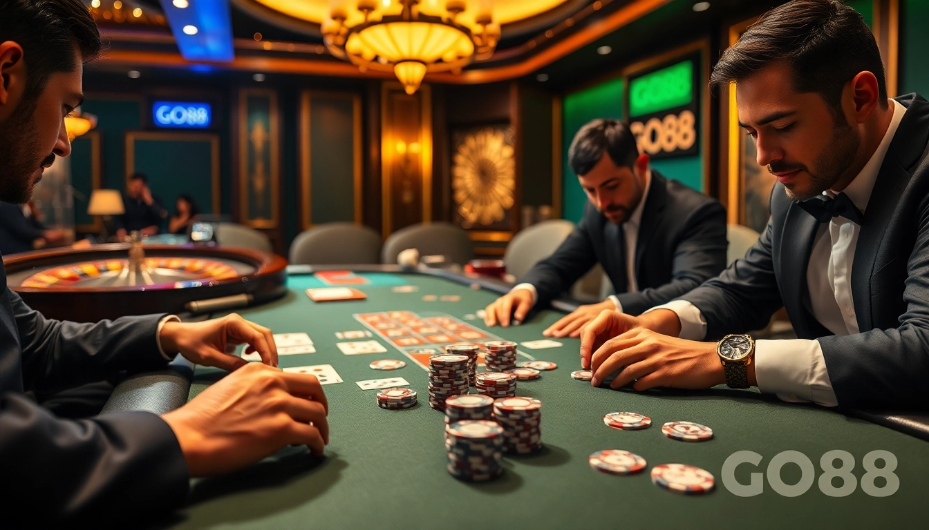 GO88 casino scene with professional poker players at a luxury table.