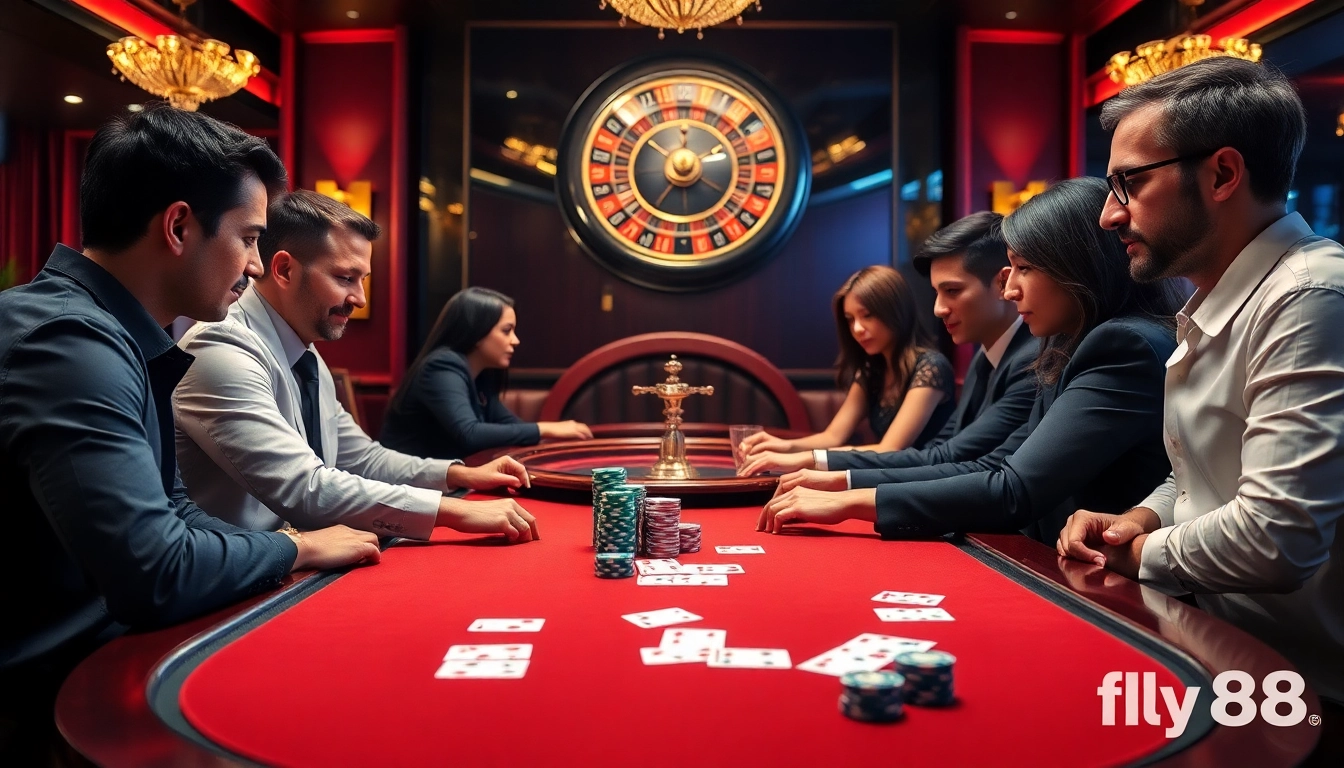 Join the action at link fly88 with a vibrant casino scene featuring poker chips and a roulette wheel.