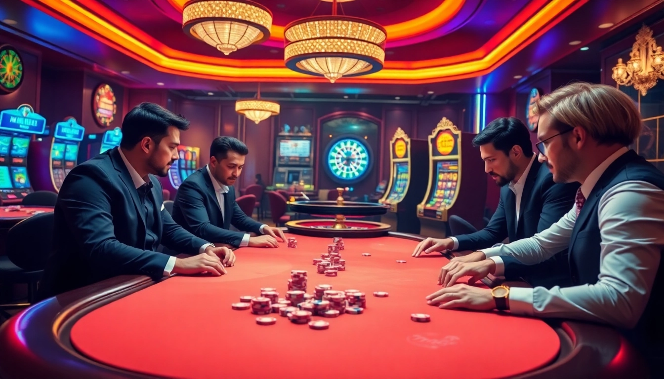 Players enjoy a thrilling poker game at mm88 with vibrant casino elements.