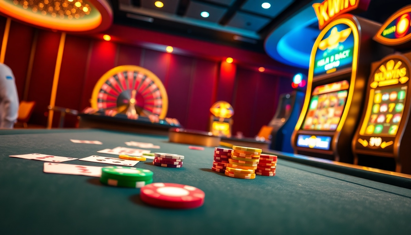 Kuwin casino excitement with vibrant gaming tables, cards, and roulette wheel lighting up the atmosphere.