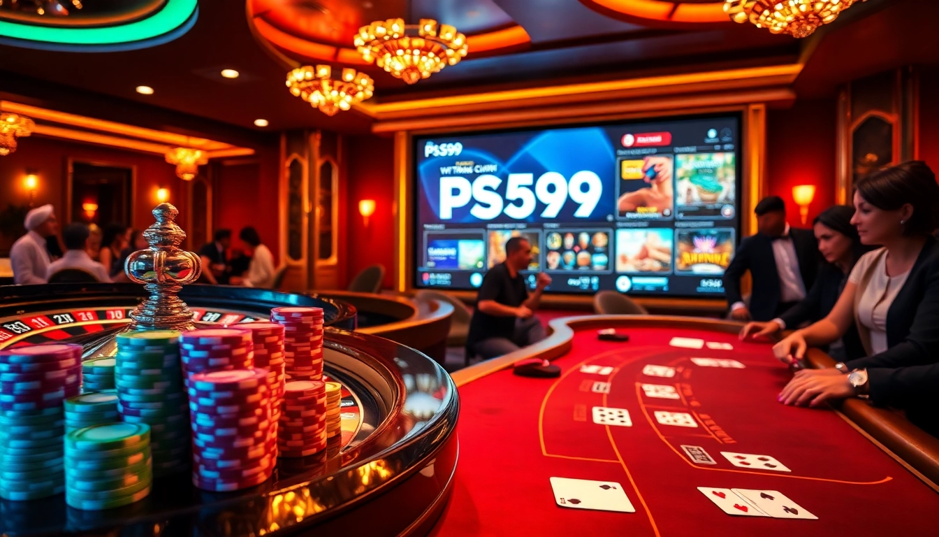 Exciting gambling scene at trang chủ PS99 with roulette wheel, poker chips, and blackjack table.