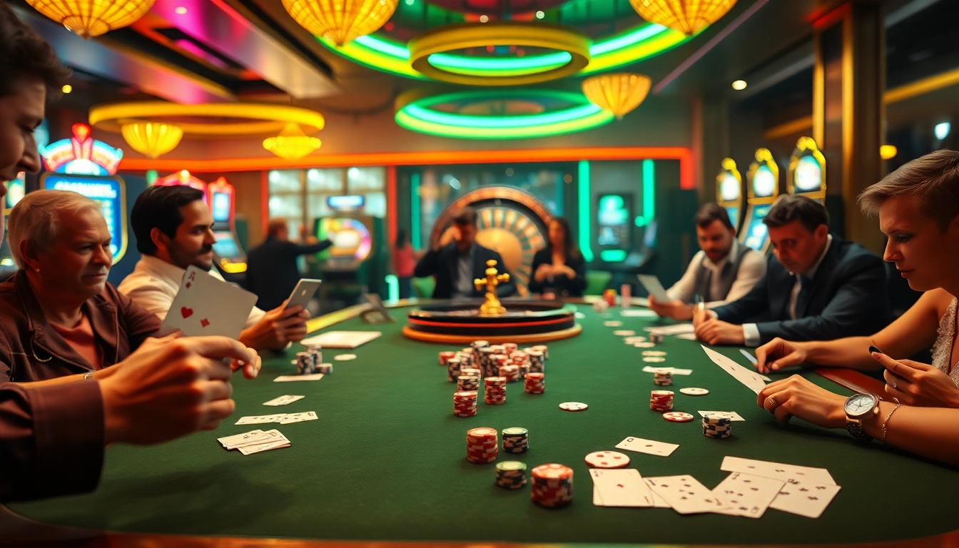 Engaging players at a luxurious casino poker table with rr99 chips and vibrant game atmosphere.
