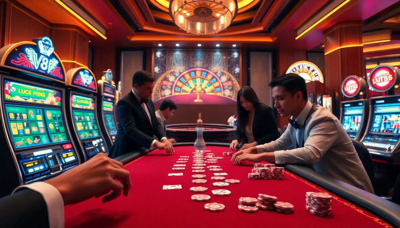 Players enjoying a thrilling game at an LV88 casino table filled with chips and cards.