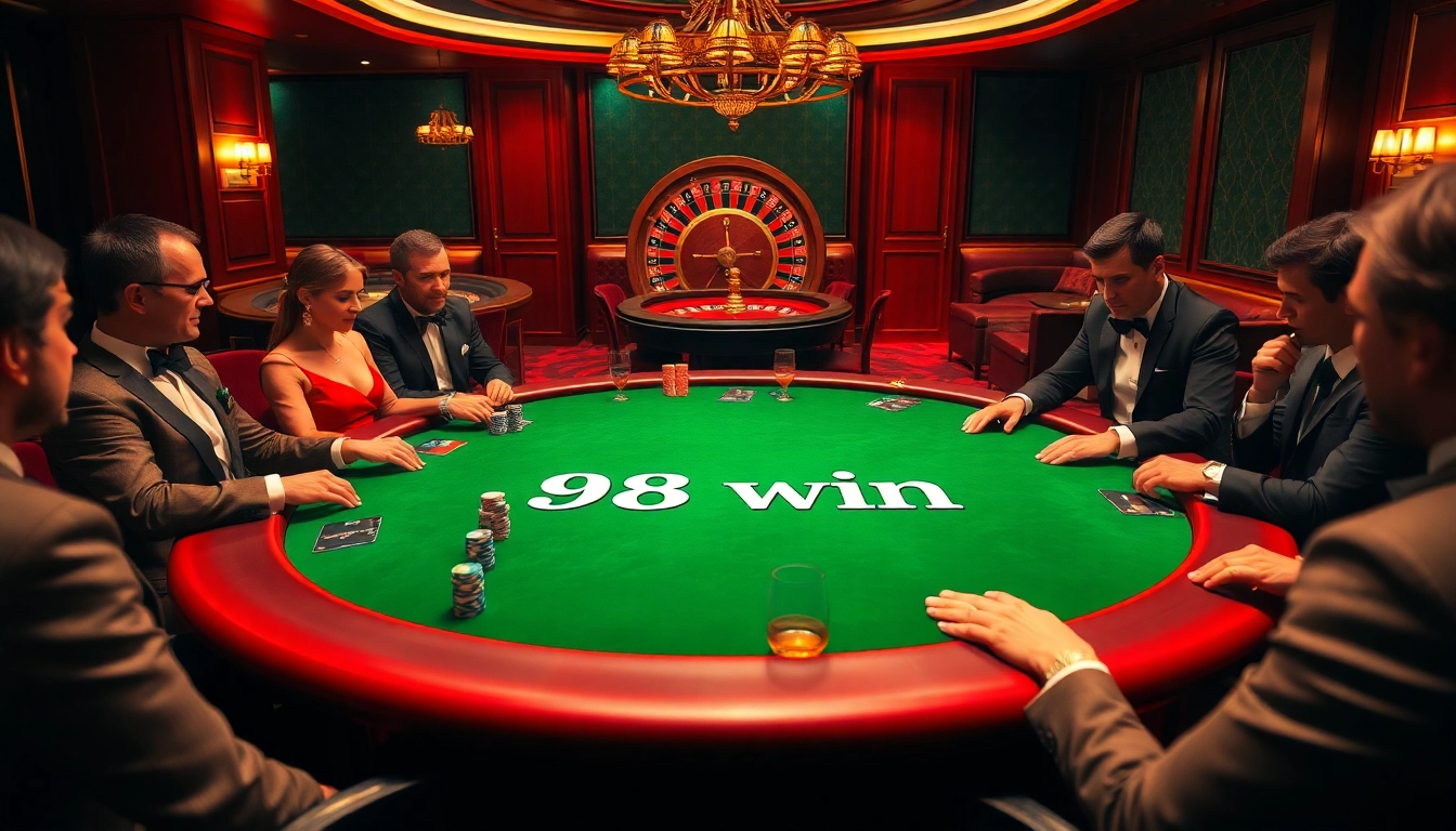 Experience the thrill of winning as players celebrate a 98 win at a luxurious casino poker table.