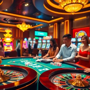 Kuwin casino scene featuring gamblers enjoying high-stakes poker and vibrant slot machines.