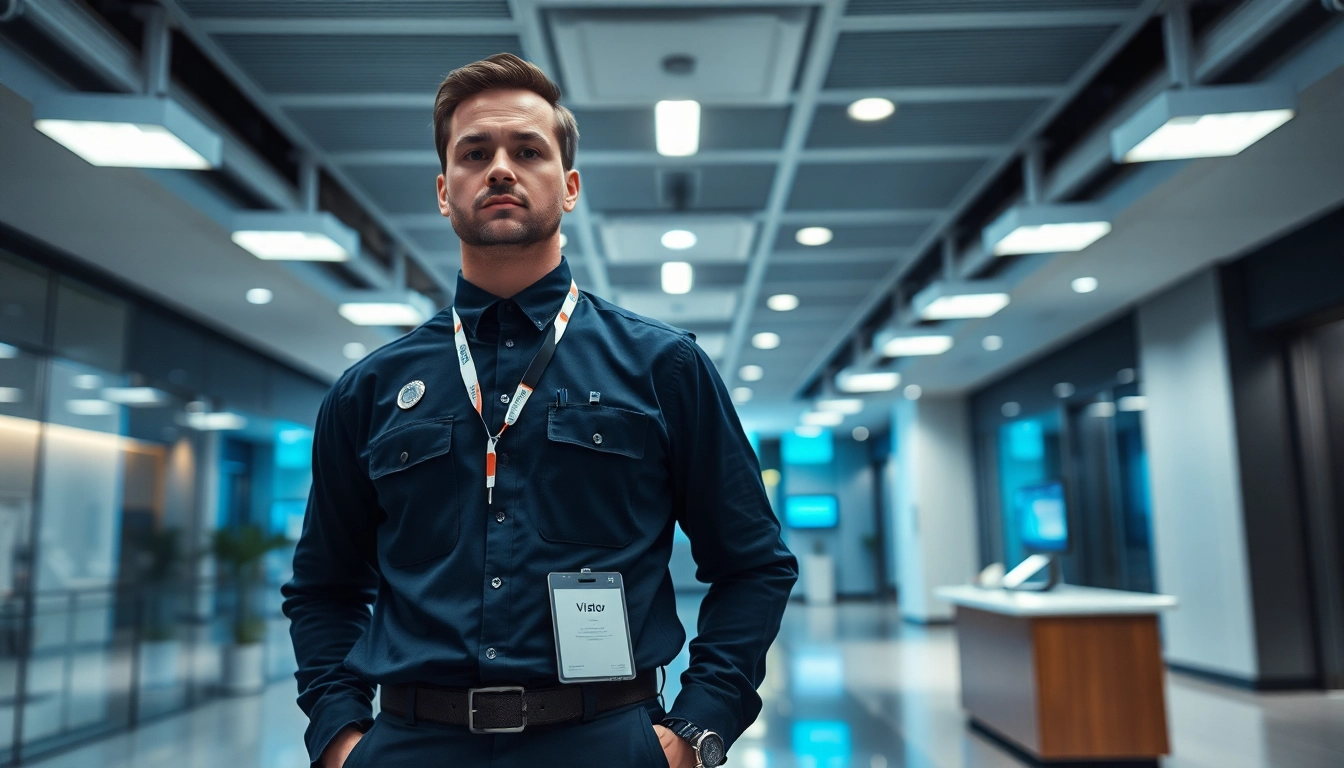 Hire security guard standing in a modern office lobby, ensuring safety and professionalism.