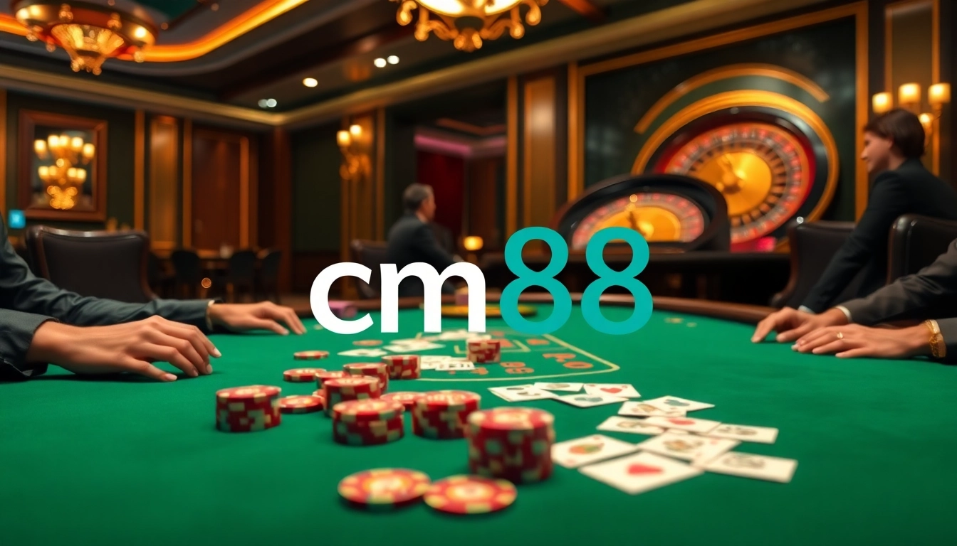 Experience thrilling gameplay at cm88 with a vibrant poker table and roulette wheel in action.