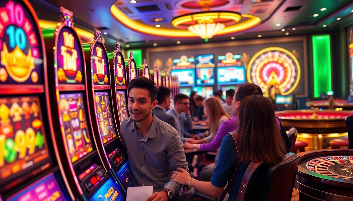 Exciting scene of players winning at nổ hũ slot machines in a vibrant casino setting.