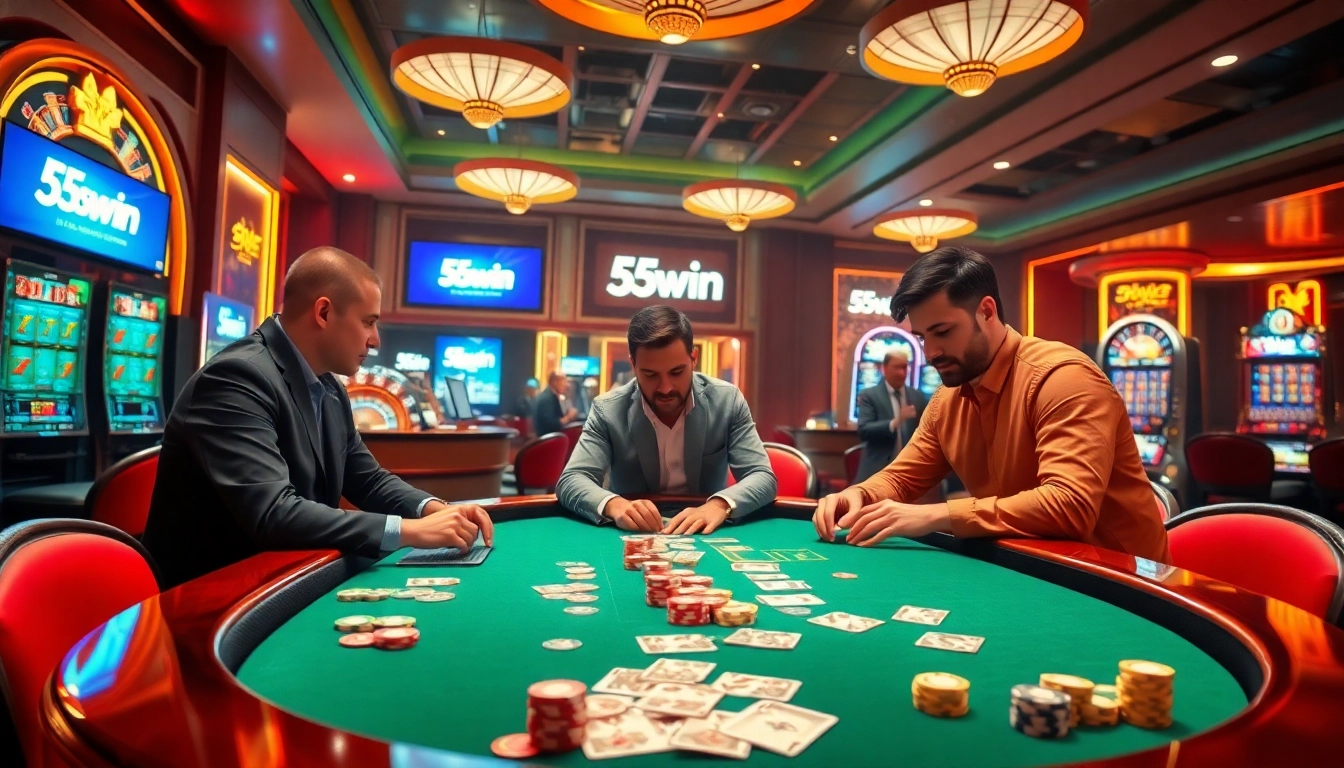 Engaging casino scene featuring 55win logo at a high-stakes gaming table with cards and chips.