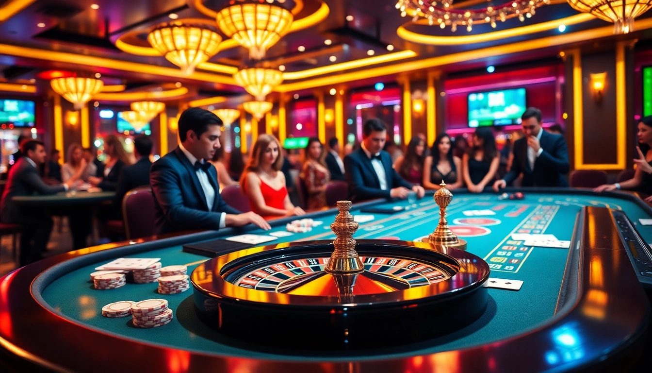 A dynamic casino gaming scene from https://five88.foo/, featuring a live dealer table with poker chips and a roulette wheel, showcasing excitement.