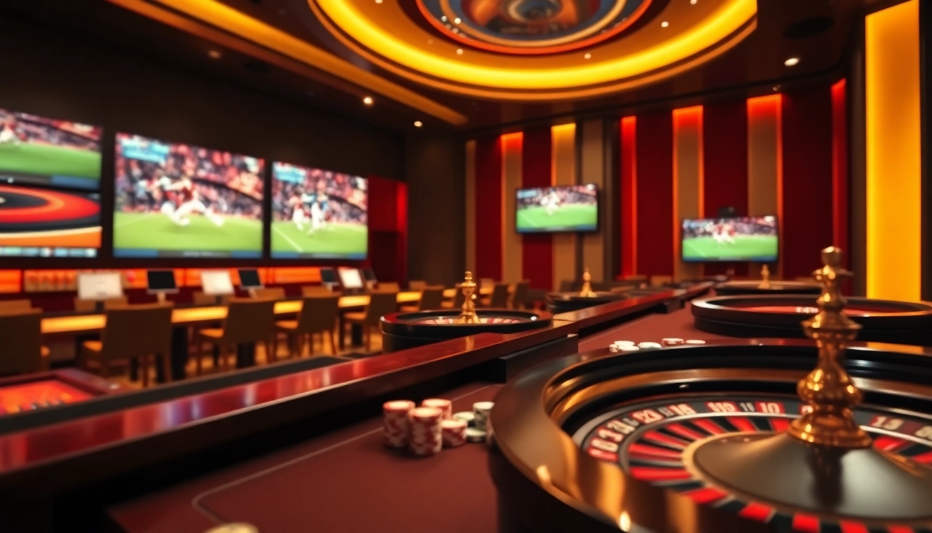 Engaging scene of cá độ bóng đá with sophisticated sports betting tables and vibrant atmosphere.