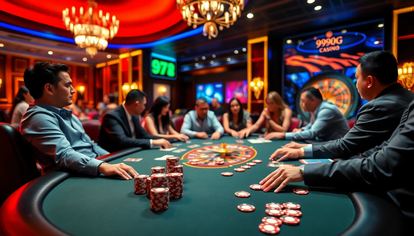 Players engaged in various games at 999bet vn, showcasing excitement and style in a luxurious casino environment.