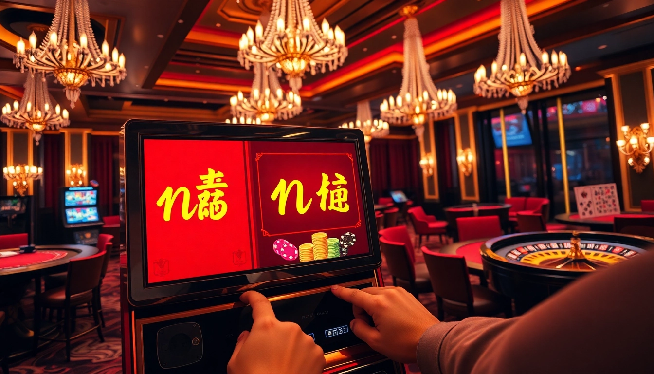 Experience the thrill of nổ hũ as a player joyfully engages with a luxury slot machine in a vibrant casino atmosphere.